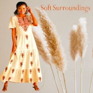 Soft Surroundings Bellmore Boho Gauze Maxi Dress Aztec Red Stitchery on Cream SM